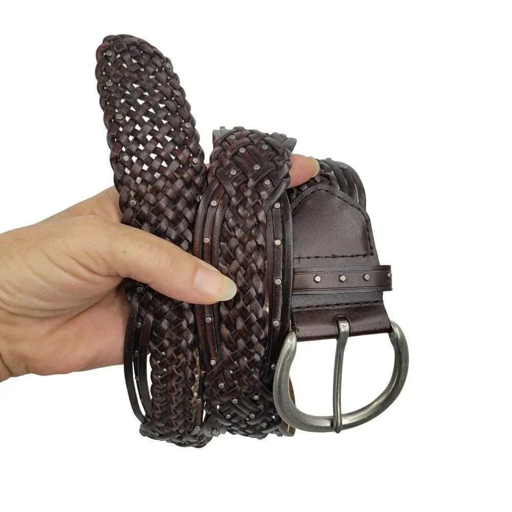 Esprit Womens Belt L Dark Brown Wicker Woven Braided‎ Silver Buckle Studded